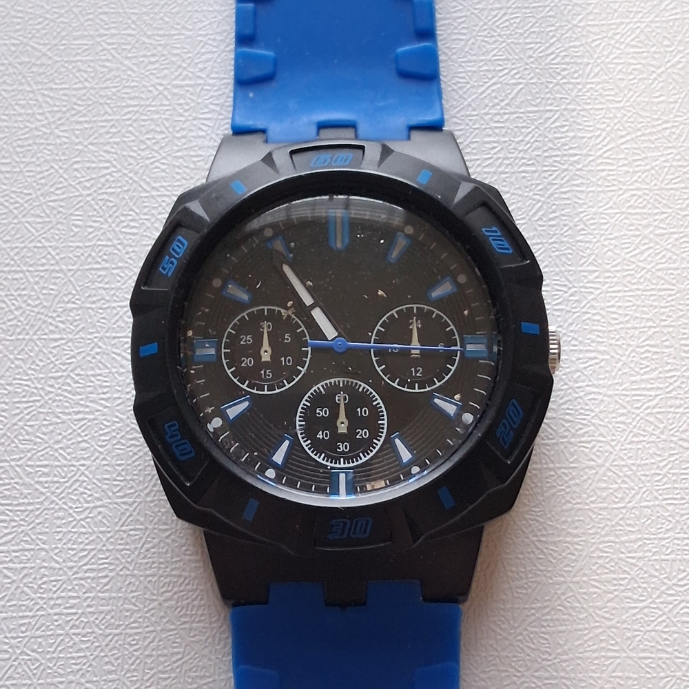 Sport Watch Blue Silicone Band Black Case Chronograph Sub-Dials Mens Working